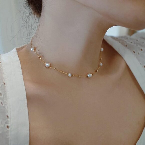 Gold Pearl Choker Necklace Dainty Beaded Chain Elegant Jewelry for Women Wedding - Picture 5 of 7